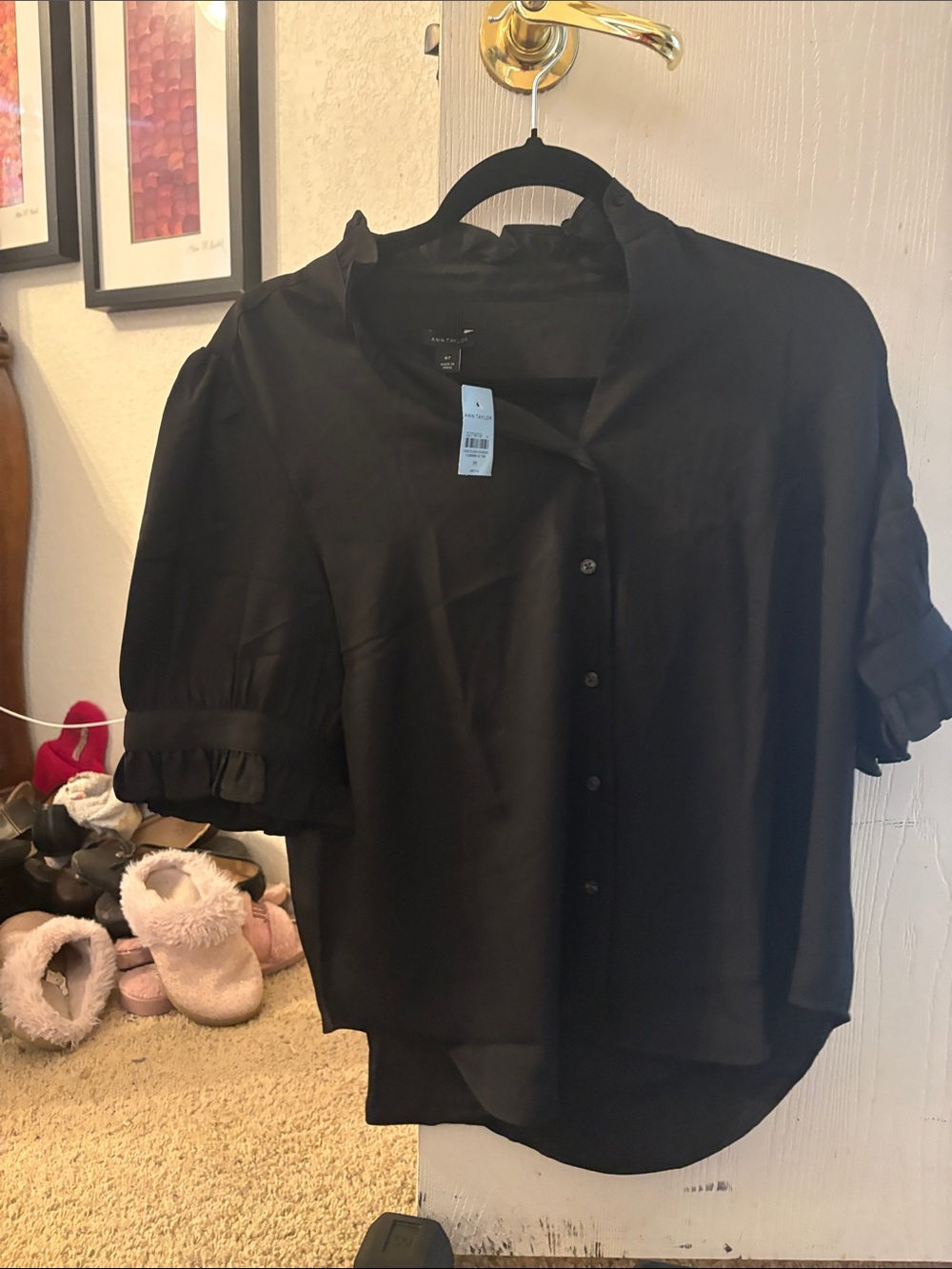 Ann Taylor Black Button-Front Ruffle Sleeve Blouse